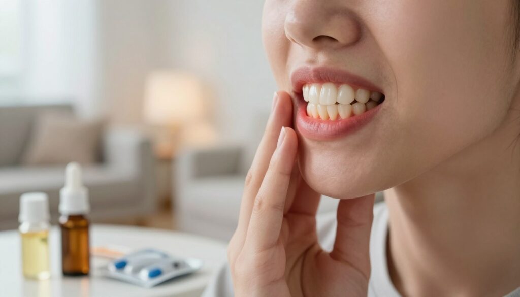 A close-up image of a human jaw with a visible tooth highlighted, illustrating a painful toothache. The tooth should appear slightly inflamed, with a subtle glow to indicate discomfort. In the foreground, include home remedies like a small jar of clove oil, a bottle of pain-relief medication, and a warm compress, suggesting soothing immediate solutions. In the background, a blurred, comforting environment with soft lighting, perhaps hinting at a cozy living space, to convey a calming atmosphere. Use a shallow depth of field to focus sharply on the tooth and remedies, capturing the mood of relief and care, with gentle, warm colors to evoke hope and healing.