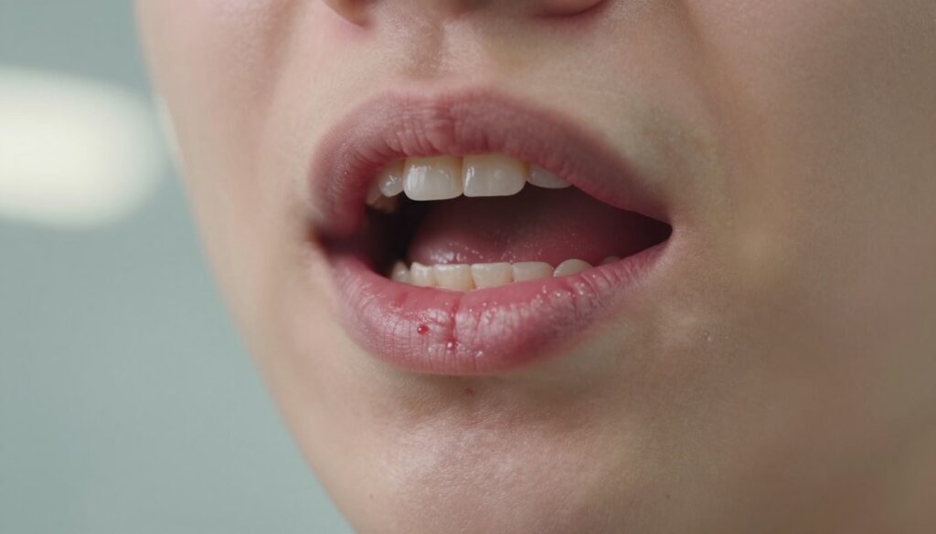 A close-up image of a person's mouth showing swollen gums with slight bleeding, capturing the signs of gingival issues. The foreground features the detailed texture of inflamed gum tissue and a few droplets of blood, emphasizing urgency. In the middle, focus on the teeth partially visible, indicating potential dental issues. The background is softly blurred, perhaps hinting at a dental clinic environment, with warm lighting to create a professional yet alarming atmosphere. The angle is slightly tilted to enhance the view of the gums while maintaining a clinical look. The overall mood conveys concern and the importance of seeking immediate dental consultation.