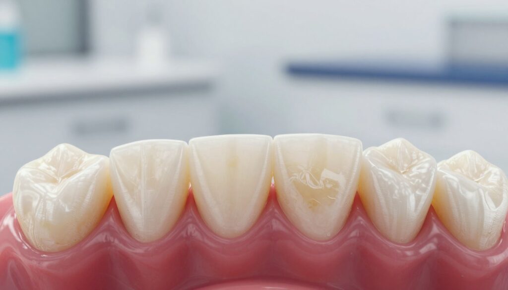 A close-up image of a set of teeth showing visible dental calculus, or tartar, buildup on the surface. The teeth are well-lit with bright, natural lighting to highlight the texture and color contrast between the white enamel and the yellowish-brown tartar. In the foreground, the focus is sharp on the teeth, while the surrounding gums are slightly blurred. The background features a soft, out-of-focus dental clinic setting, suggesting a clean and sterile environment. The mood is clinical yet informative, evoking a sense of urgency for dental health awareness. The angle is slightly elevated, providing a clear view of the tartar's texture on the teeth, with no people or text in the image.