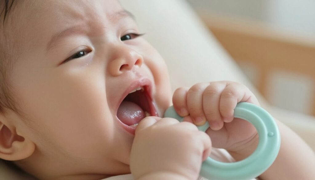 A close-up image of a teething baby with swollen gums, capturing the moment of discomfort. The foreground features the baby's face, showcasing their expression of mild distress, with their mouth slightly open to reveal their inflamed gums. In the middle ground, a soothing teething ring is visible near the baby's hands, hinting at parental care. The background is softly blurred, creating a warm, home-like atmosphere with gentle, diffused natural light illuminating the scene. The overall mood is tender and empathetic, reflecting the challenges of teething in infants. The image should evoke a sense of understanding and support for parents navigating this common developmental stage.