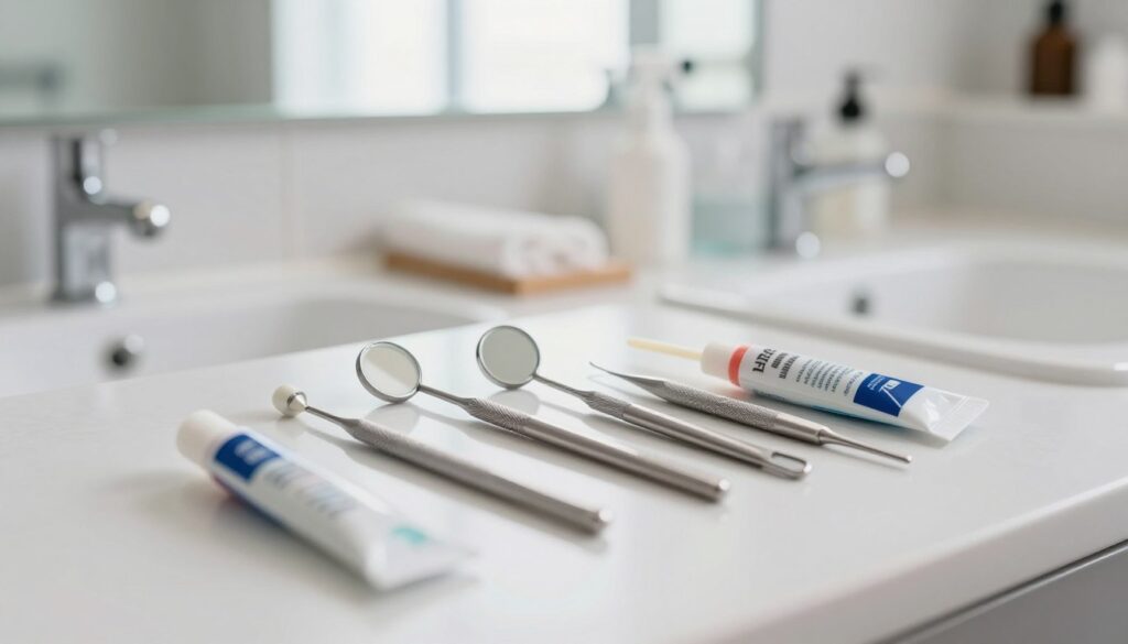 A close-up image of a temporary dental filling kit laid out neatly on a clean surface, featuring various tools such as a dental mirror, small applicator, and a tube of dental putty. In the background, a well-lit bathroom setting with a mirror and sink reflects a tidy and organized space, enhancing the focus on the dental tools. Soft, natural light streams through a window, creating a calm and methodical atmosphere. The scene conveys a step-by-step instructional feel, inviting the viewer to engage with the process. No humans are present in the image, and all elements convey a safe and professional context. A close-up image of a temporary dental filling kit laid out neatly on a clean surface, featuring various tools such as a dental mirror, small applicator, and a tube of dental putty. In the background, a well-lit bathroom setting with a mirror and sink reflects a tidy and organized space, enhancing the focus on the dental tools. Soft, natural light streams through a window, creating a calm and methodical atmosphere. The scene conveys a step-by-step instructional feel, inviting the viewer to engage with the process. No humans are present in the image, and all elements convey a safe and professional context.