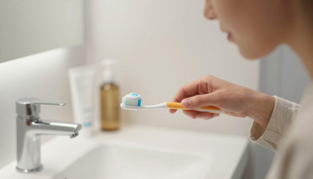 A close-up image showcasing a person gently brushing their teeth with a soft-bristled toothbrush, focusing on maintaining oral hygiene after lip tattooing. The individual is dressed in modest casual clothing, with a serene and attentive expression. The foreground features the toothbrush and a small amount of toothpaste visible, highlighting the gentle motion of brushing. In the middle ground, a modern bathroom sink with a mirror reflecting a clean, well-lit space enhances the scene. The background includes neatly arranged dental care products, soft natural lighting creating a calming atmosphere. The image conveys carefulness and cleanliness, emphasizing oral hygiene practices following cosmetic procedures.