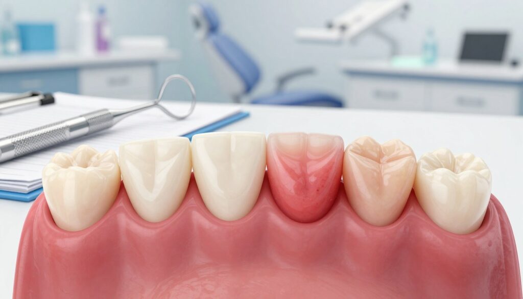 A close-up medical illustration depicting the symptoms of oral cavity issues, focusing on gum health. In the foreground, showcase a detailed view of healthy gums contrasted with swollen, inflamed gums displaying signs of potential disease. Include subtle changes such as discoloration and lesions, highlighted under bright, clinical lighting to emphasize the severity. The middle ground should feature a dental tool and a health journal, signifying the importance of dental health monitoring. In the background, illustrate a softly blurred dental clinic environment, creating a professional and sterile atmosphere. The overall mood should be serious yet informative, urging awareness of dental symptoms that should not be overlooked. Use a shallow depth of field for clarity on the symptoms.