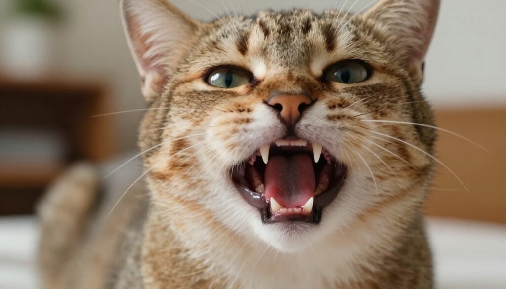A close-up of a cat's mouth, showcasing signs of dental issues, highlighting inflamed gums and a slightly open mouth with visible teeth and saliva. The cat’s expression conveys discomfort, enhancing the theme of unpleasant oral smell. Surround the cat with a soft, blurred background of a cozy home environment, suggesting a warm yet concerned atmosphere. Use soft, natural lighting to create gentle shadows that accentuate the cat's features, focusing on the textures of its fur and teeth. The shot should be taken at eye-level to foster connection with the viewer, evoking empathy towards the cat’s condition while emphasizing the theme of oral health.
