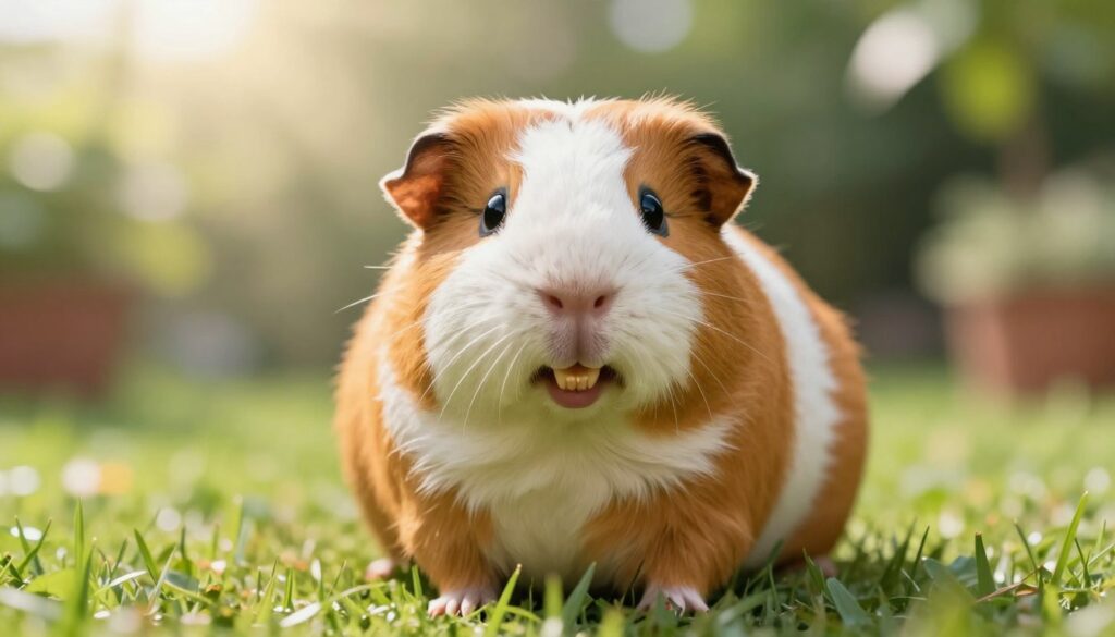 A close-up of a cheerful, healthy guinea pig sitting on a soft, green patch of grass, showcasing its distinctive teeth, which are long and continuously growing. The guinea pig is in focus, with its bright eyes and expressive face, capturing its playful demeanor. Surrounding the animal, soft bokeh elements of a sunny garden create a warm atmosphere, with rays of soft sunlight filtering through gentle leaves in the background. The lighting is bright yet diffused, enhancing the natural colors of the guinea pig's fur. The setting feels tranquil and inviting, perfect for illustrating the concept of teeth that grow throughout a guinea pig's life, emphasizing both the animal's character and its unique dental features. A close-up of a cheerful, healthy guinea pig sitting on a soft, green patch of grass, showcasing its distinctive teeth, which are long and continuously growing. The guinea pig is in focus, with its bright eyes and expressive face, capturing its playful demeanor. Surrounding the animal, soft bokeh elements of a sunny garden create a warm atmosphere, with rays of soft sunlight filtering through gentle leaves in the background. The lighting is bright yet diffused, enhancing the natural colors of the guinea pig's fur. The setting feels tranquil and inviting, perfect for illustrating the concept of teeth that grow throughout a guinea pig's life, emphasizing both the animal's character and its unique dental features.