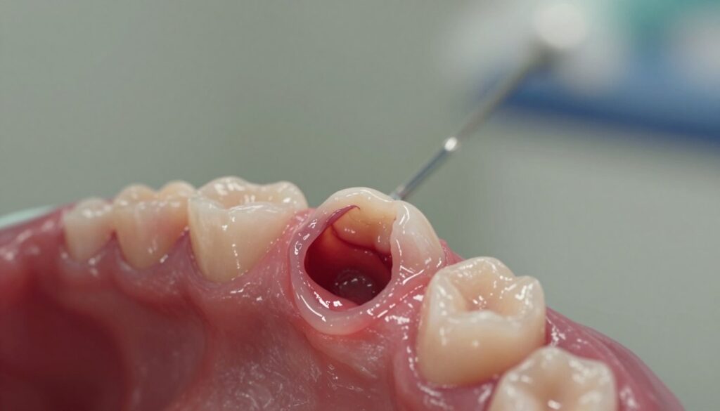 A close-up of a dental socket illustrating a "dry socket" condition after tooth extraction. The foreground features a detailed view of the tooth extraction site showing an empty, inflamed dental socket with slightly red, irritated gum tissue. There's a subtle, light sheen to the area to indicate moisture. The middle ground should include a faint reflection of dental tools to suggest a clinical environment, adding context without drawing focus. The background remains soft and out of focus, hinting at a sterile dental office setting with muted colors. Soft, diffused lighting casts gentle shadows, creating a clinical yet informative atmosphere. The image should evoke a sense of caution and concern appropriate for a medical discussion. A close-up of a dental socket illustrating a "dry socket" condition after tooth extraction. The foreground features a detailed view of the tooth extraction site showing an empty, inflamed dental socket with slightly red, irritated gum tissue. There's a subtle, light sheen to the area to indicate moisture. The middle ground should include a faint reflection of dental tools to suggest a clinical environment, adding context without drawing focus. The background remains soft and out of focus, hinting at a sterile dental office setting with muted colors. Soft, diffused lighting casts gentle shadows, creating a clinical yet informative atmosphere. The image should evoke a sense of caution and concern appropriate for a medical discussion.