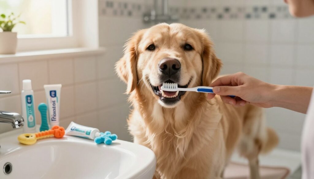 A close-up of a friendly dog having its teeth brushed by an owner in a bright, cozy bathroom setting. The dog, a Golden Retriever, looks relaxed and happy as it stands on a soft bath mat, with the owner's hand gently holding a toothbrush. The middle scene captures a vibrant array of dental care products like dog-friendly toothpaste and chew toys scattered around the sink. The background features light-colored tiles and a window allowing warm, natural sunlight to illuminate the scene. The atmosphere is calm and caring, showcasing the bond between the dog and its owner while emphasizing the importance of maintaining the dog's dental hygiene. The image should be framed with a soft focus lens to create an inviting and comforting ambiance. A close-up of a friendly dog having its teeth brushed by an owner in a bright, cozy bathroom setting. The dog, a Golden Retriever, looks relaxed and happy as it stands on a soft bath mat, with the owner's hand gently holding a toothbrush. The middle scene captures a vibrant array of dental care products like dog-friendly toothpaste and chew toys scattered around the sink. The background features light-colored tiles and a window allowing warm, natural sunlight to illuminate the scene. The atmosphere is calm and caring, showcasing the bond between the dog and its owner while emphasizing the importance of maintaining the dog's dental hygiene. The image should be framed with a soft focus lens to create an inviting and comforting ambiance.