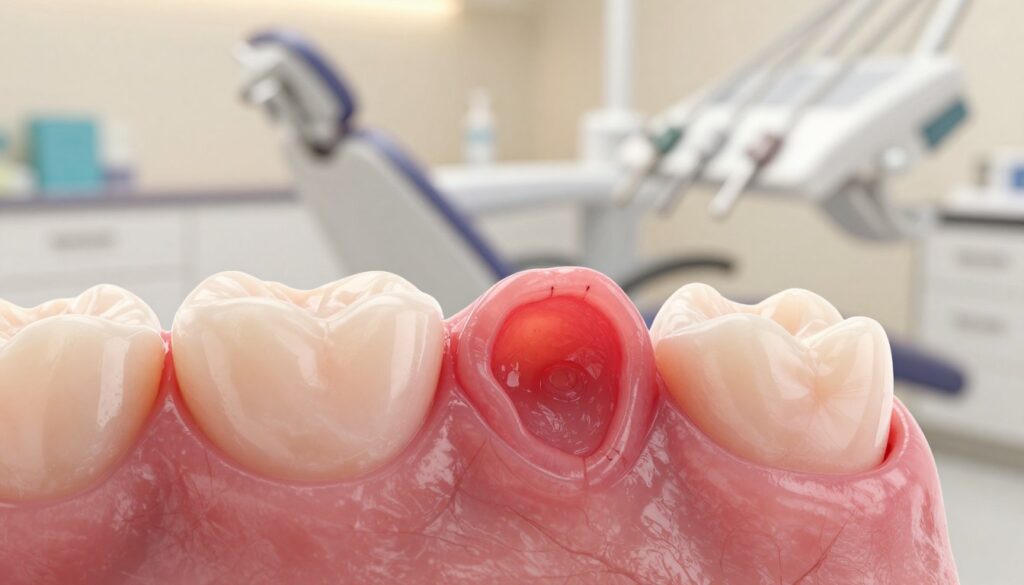 A close-up of a healing gum tissue post-tooth extraction, showcasing the vibrant pink color of healthy gum tissue and signs of proper healing. In the foreground, detailed textures of the gum are visible, emphasizing small blood vessels and smooth surfaces. The middle ground features a soft-focus depiction of a dental clinic environment, with tools and a dental chair subtly blurred. The background consists of a calm, sterile setting with warm, diffused lighting to promote a sense of comfort and safety, highlighting the importance of healing. The composition should be inviting and informative, evoking a peaceful and reassuring atmosphere related to dental health. The angle is slightly tilted to give depth, focusing on the gum tissue.