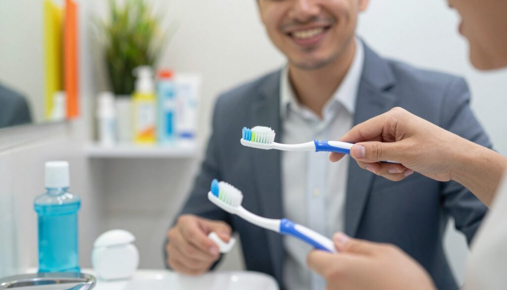 A close-up of a healthy human mouth showing proper oral hygiene practices. The foreground features toothbrushes, dental floss, and mouthwash arranged neatly on a bathroom counter, with a mirror reflecting the vibrant colors. In the middle, a person in professional business attire (a clean-cut smiling individual) demonstrates correctly brushing their teeth, using bright, well-lit natural daylight to highlight the cleanliness and health of their gums and teeth. The background should depict a modern bathroom with soft, warm lighting, greenery for a fresh feel, and dental care products neatly organized on shelves, conveying a sense of tranquility and good hygiene practices. The overall atmosphere is clean, encouraging, and educational.