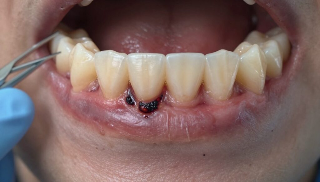 A close-up of a human jaw highlighting signs of necrosis in the gums, showcasing discoloration and swelling. The foreground features a detailed view of unhealthy, darkened gum tissue, with a focus on areas showing blackened necrotic spots. The middle ground illustrates healthy gum tissue juxtaposed against the affected areas, emphasizing the contrast. In the background, a blurred medical examination room provides context, with sterile instruments subtly visible. The lighting is soft yet clinical, highlighting the textures of the gums. The atmosphere conveys a sense of urgency and medical seriousness, reflecting the need for immediate attention to dental health concerns.