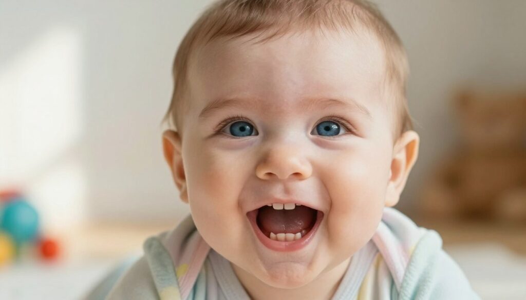 A close-up of a joyful infant, about six months old, showcasing their emerging first teeth. The baby has light brown hair and bright blue eyes, wearing a cheerful, soft pastel onesie. The foreground features a slightly open mouth revealing two tiny, pearly white baby teeth. The background is softly blurred with a warm, natural light streaming in, creating a cozy atmosphere. Subtle toys can be seen in soft focus, suggesting a playful environment. The image should evoke warmth and innocence, highlighting the milestone of teething. The angle captures the face from slightly above, emphasizing the baby’s expression of curiosity and joy, ensuring a heartwarming, safe, and professional representation.