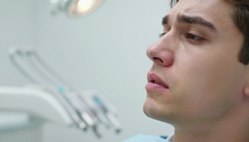 A close-up of a patient’s face showing a slight swelling on the lower jaw after tooth extraction, with a focus on the concerned expression of the individual. The foreground highlights the swollen area, emphasizing the irritated gum and surrounding skin. The middle background features a dental clinic setting, including bright, sterile lighting that enhances the clinical atmosphere. A dental chair and instruments can be subtly suggested in soft focus. The image captures a mood of mild discomfort and concern, yet maintains a professional tone. Use a soft focus for foreground details, while keeping the background in sharper detail to convey the context of a dental care environment. The image should be devoid of any text or branding elements.