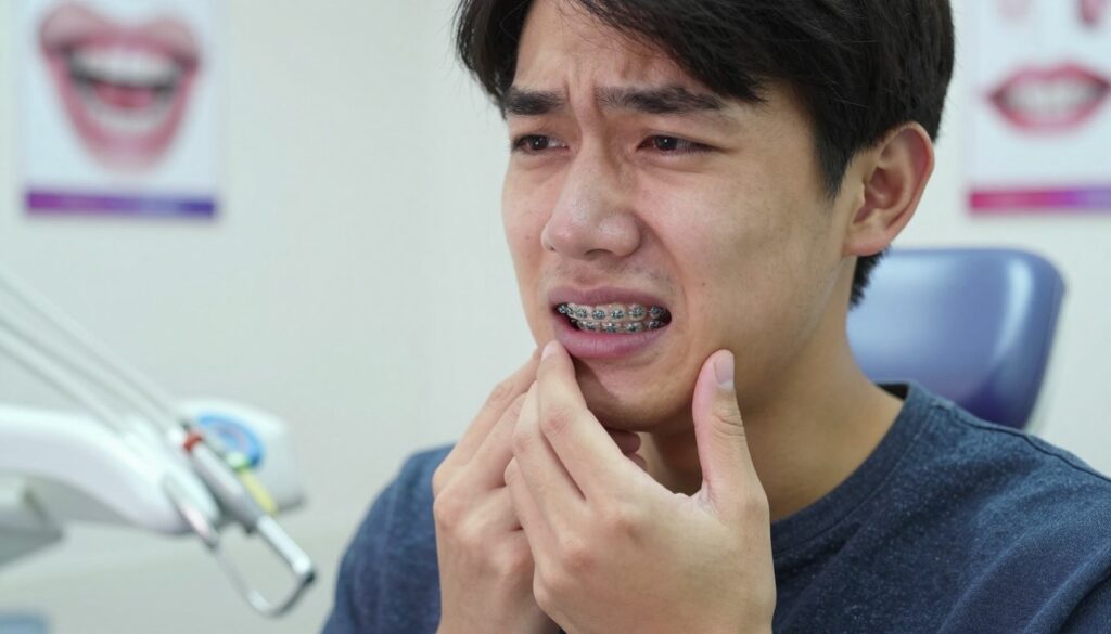A close-up of a person gently holding their jaw, displaying a subtle wince of discomfort after getting braces. The individual is wearing casual clothing, seated in a well-lit dental office, with dental tools and posters about orthodontics visible in the background. Soft, natural lighting highlights their facial expression, emphasizing a blend of concern and curiosity. The foreground focuses on the person’s mouth, showing the braces clearly, while the middle and background include hints of dental equipment and a comforting atmosphere. The image conveys a sense of mild discomfort mixed with the hope of future improvement, capturing the essence of the experience associated with braces.