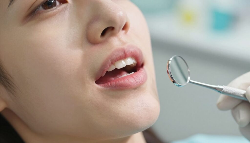 A close-up of a person's mouth, showing gums slightly swollen and a subtle redness after dental anesthesia. The foreground features a well-groomed individual, with a neutral expression indicative of mild discomfort but not severe pain. In the middle background, tools like dental mirrors and syringes are present, hinting at a dental environment. Soft, natural lighting casts gentle shadows, creating an atmosphere of calm rather than distress. Horizontal depth of field blurs the furthest background—faint outlines of a dentist's office, with pastel colors enhancing the soothing mood. The overall composition conveys a sense of professional care and reflects a common post-dental experience.
