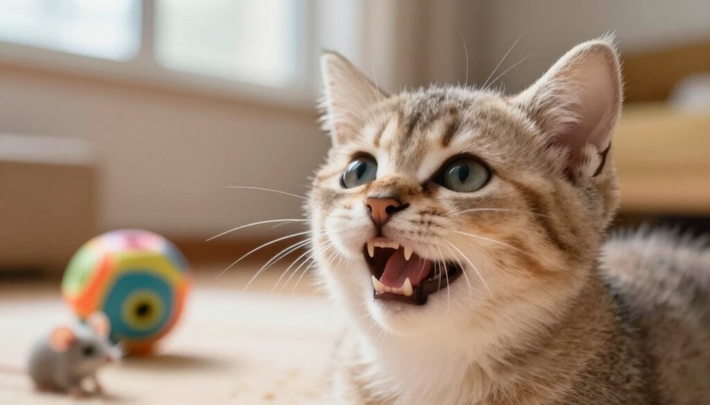 A close-up of a playful kitten with its mouth slightly open, showcasing both its baby teeth and emerging adult teeth to illustrate the process of tooth replacement. The foreground features the kitten's adorable face with bright, expressive eyes and tiny, unpolished teeth. In the middle, blurred toys like a soft ball and a small mouse enhance the playful mood, while in the background, a cozy, softly lit room with a warm color palette creates an inviting atmosphere. The lighting is soft and natural, simulating a sunny afternoon filtering through a window, enhancing the innocence and curiosity of the kitten. The angle is at eye-level, capturing the kitten's expressions authentically and emphasizing its youthful charm.