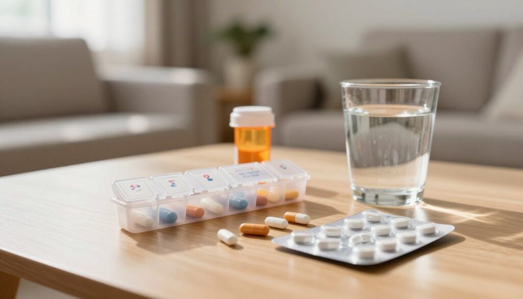 A close-up of a table featuring various prescription medications following a dental extraction, including pain relievers and antibiotics. The foreground highlights a small pill organizer, some blister packs, and a glass of water, symbolizing careful medication management. In the middle, a blurred background suggests a cozy, well-lit living room to evoke a sense of healing and comfort. Soft, warm lighting streams in through a nearby window, casting gentle shadows. The atmosphere should be calm and reassuring, aiming to reflect the importance of responsible medication use after a dental procedure, with a focus on the interaction between medications and alcohol. No human subjects are present in the scene.