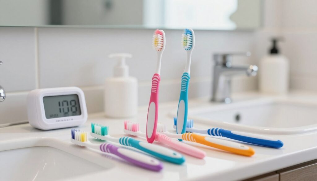A close-up of a vibrant, well-lit bathroom countertop featuring a collection of colorful toothbrushes, each in different states of wear: some new, some slightly used, and one visibly worn out, with frayed bristles. The toothbrushes are arranged aesthetically, along with a small timer and a chart showing recommended toothbrush replacement intervals. The background is softly blurred to highlight the toothbrushes, with subtle hints of a clean, modern bathroom decor including a sink and a mirror reflecting natural light. The atmosphere is bright and inviting, emphasizing dental hygiene's importance without any human subjects. The image captures a blend of educational and aspirational aspects related to effective teeth brushing.