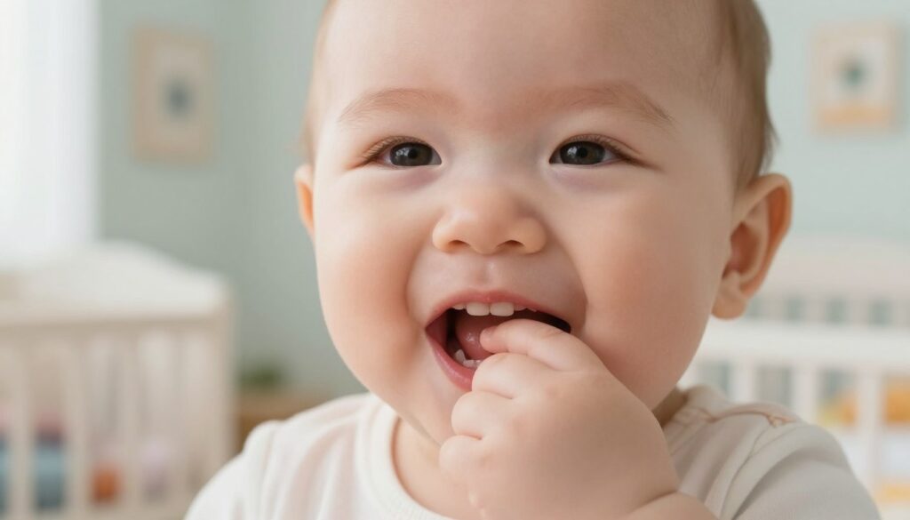 A close-up of an infant's mouth, focusing on a small, white spot on the gum, indicative of teething. The baby has a curious expression, gently tugging at their lip with a tiny hand revealing the first signs of a coming tooth. In the background, soft, natural light floods a cozy nursery, with pastel-colored walls and playful decorations that evoke a sense of warmth and comfort. The image captures the innocence of babyhood, with a shallow depth of field that keeps the focus on the baby's mouth while softly blurring the nursery elements. The mood is gentle and nurturing, emphasizing the natural stage of teething while portraying a serene atmosphere that reassures parents. A close-up of an infant's mouth, focusing on a small, white spot on the gum, indicative of teething. The baby has a curious expression, gently tugging at their lip with a tiny hand revealing the first signs of a coming tooth. In the background, soft, natural light floods a cozy nursery, with pastel-colored walls and playful decorations that evoke a sense of warmth and comfort. The image captures the innocence of babyhood, with a shallow depth of field that keeps the focus on the baby's mouth while softly blurring the nursery elements. The mood is gentle and nurturing, emphasizing the natural stage of teething while portraying a serene atmosphere that reassures parents.