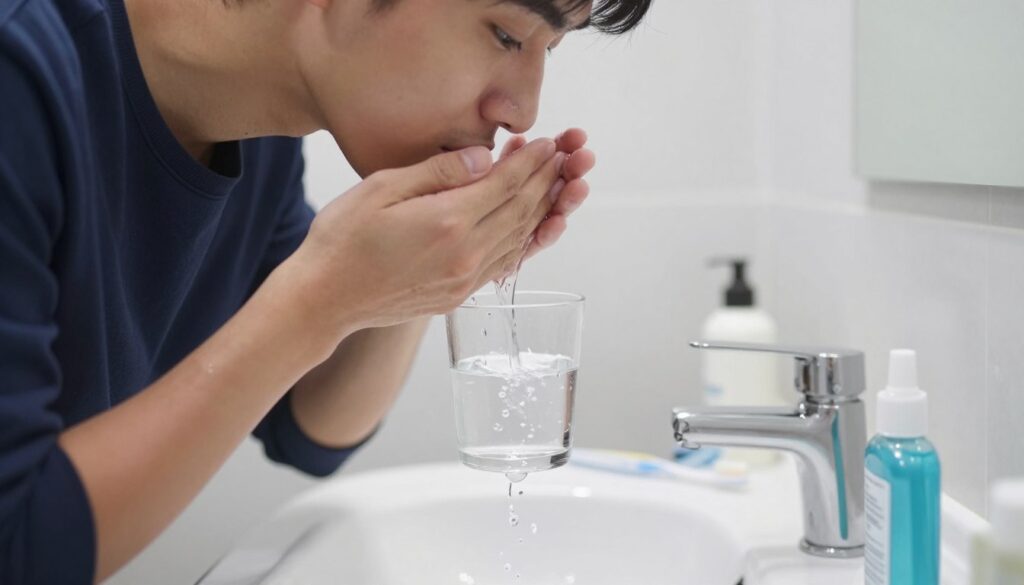 A close-up scene depicting a person standing in a well-lit bathroom, gently rinsing their mouth with water after a dental extraction. The foreground shows the individual, dressed in a modest navy blue shirt, with a focus on their lips and cheeks, portraying a careful motion while swishing water. In the middle-ground, there is a modern sink with a glass of clear water and dental care products, including a soft toothbrush and mouthwash bottle. The background features subtle bathroom elements such as a mirror and neatly placed toiletries. The lighting is bright but soft, creating a calm and hygienic atmosphere, emphasizing care and recovery. The overall mood conveys a sense of cleanliness and attentiveness to oral health.