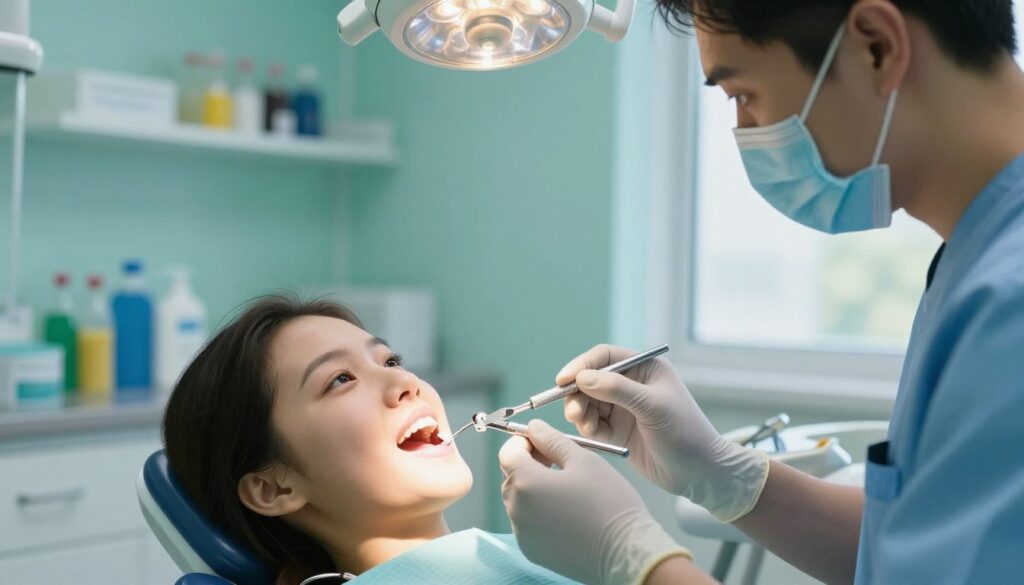 A close-up scene of a dental clinic setting, focusing on the moment of tooth extraction. In the foreground, a dentist in professional attire, wearing gloves and a mask, carefully holding a pair of dental forceps just above an extracted tooth, glistening under surgical lights. In the middle ground, a patient reclines in a dental chair, showing a relieved expression, surrounded by dental tools and equipment. The background features shelves with dental materials and a calming teal color on the walls, suggesting a soothing atmosphere. Soft, natural lighting highlights the dentist's meticulous work, while a window shows a faint hint of a bright day outside, symbolizing hope for healing. The overall mood is calm and professional, emphasizing care and expertise.