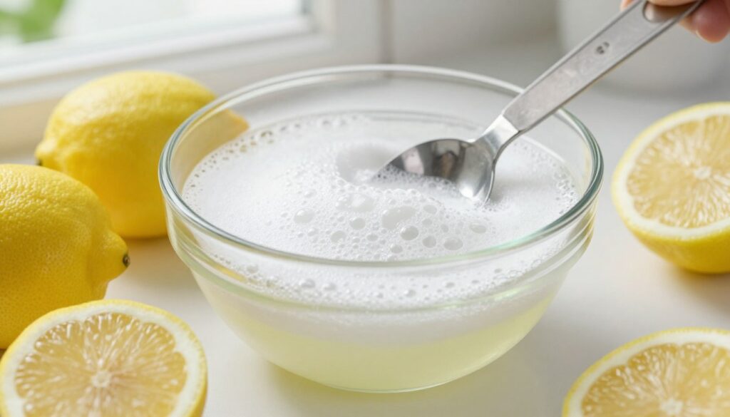 A close-up shot of a clear glass bowl filled with a bubbling and frothy mixture of baking soda and lemon juice, the light reflecting off the fizzing surface. Surround the bowl with fresh lemons, some cut in half to reveal their juicy texture, and a measuring spoon alongside, indicating the mixing process. In the background, a soft-focus kitchen setting with bright, natural light streaming through a window, giving a fresh and clean atmosphere. The overall mood is inviting and educational, highlighting the popular home remedy for teeth whitening, with an emphasis on the ingredients and their interactions.