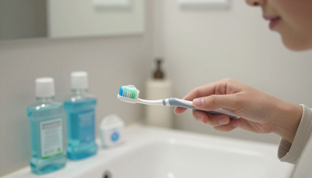 A close-up shot of a person gently brushing their teeth, showcasing delicate movements to emphasize care and precision. The person, dressed in a modest casual outfit, has a serene expression, focusing on the act of brushing without touching their lips. The foreground features a toothbrush with soft bristles and minty toothpaste. In the middle, a sink with sparkling clean hygiene products, including mouthwash and dental floss. The background shows a well-lit bathroom with soft, ambient lighting, enhancing a calm and hygienic atmosphere. The camera angle captures the subtlety and gentleness of the tooth brushing process, conveying an atmosphere of tranquility and self-care.