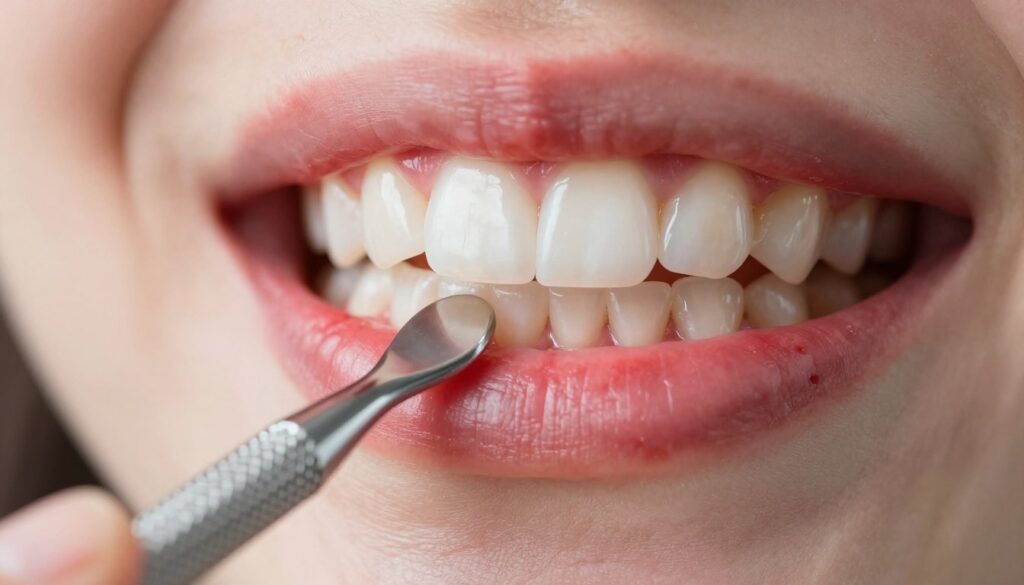 A close-up view depicting inflamed and irritated gums as a result of teeth whitening, emphasizing the redness and swelling around the gum line. In the foreground, a dental examination tool is gently placed near the gums to highlight the professional context. The middle ground features a set of pristine, white teeth contrasted against the irritated gums, providing a clear visual of the issue. The background is softly blurred to maintain focus on the gums and dental tools, with warm, natural lighting to evoke a clinical yet approachable atmosphere. The overall mood is informative and professional, suitable for an article discussing dental care and common issues after teeth whitening.