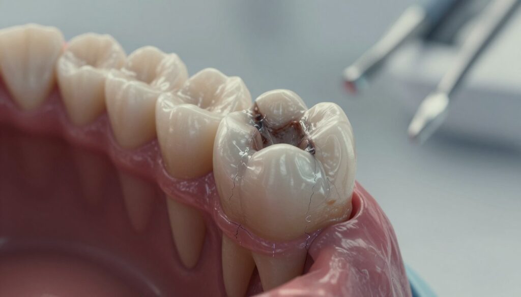 A close-up view of a dead tooth inside a jaw, showcasing its darkened and decayed appearance. The focus is on the tooth, highlighting cracks and possible inflammation around the gum line. In the background, a blurred dental clinic setting with dental tools subtly visible to provide context. Soft, diffused lighting casts gentle shadows, enhancing the texture of the tooth and adjacent tissues. An angled perspective creates a three-dimensional effect, drawing attention to the tooth's condition. The overall atmosphere feels clinical yet informative, intended to evoke curiosity about dental health issues. The colors are muted, with emphasis on the grays and browns of decay, contrasting with the neutral tones of the clinical environment.