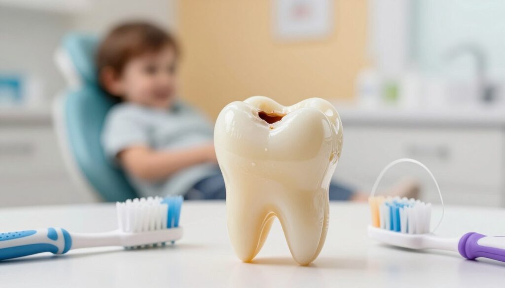 A close-up view of a decayed milk tooth, prominently displayed in the foreground. The tooth has noticeable dark cavities and a soft decay texture, visually illustrating dental caries. Surrounding the tooth, include cheerful dental tools like a toothbrush and floss to emphasize care and prevention. In the middle ground, a blurred background of a pediatric dental clinic, with warm lighting creating a welcoming atmosphere. The overall mood should reflect both concern for dental health and the importance of early detection in children’s oral care. The image should have soft, natural lighting, suggesting a clean and hygienic environment, with no text or additional elements.