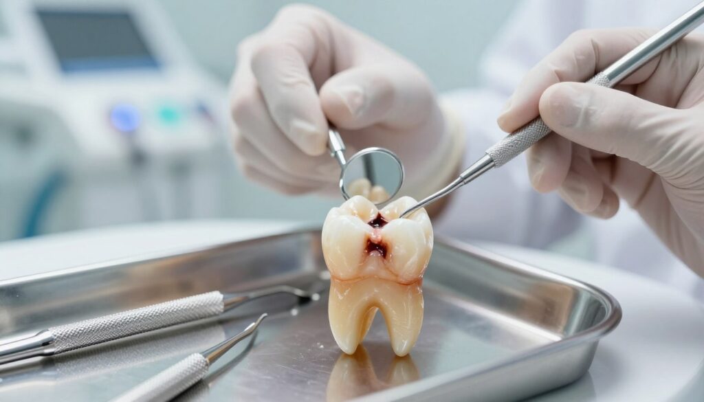 A close-up view of a decayed tooth, prominently featuring the signs of dental decay and deterioration following root canal treatment. The tooth is placed on a sterile dental tray, surrounded by dental tools, highlighting the clinical environment. The foreground captures intricate details of the tooth's surface, with darkened areas representing decay and inflammation. In the middle ground, a dentist's hand in professional attire, wearing a glove, delicately examines the tooth with a dental mirror. The background showcases a softly lit dental office, with medical equipment partially blurred to create depth. The atmosphere is serious and educational, conveying the importance of dental health and the potential consequences after treatment. The lighting is bright but soft, emphasizing the tooth's textures and the dental tools’ metallic sheen.