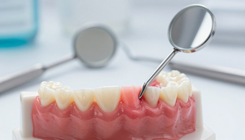 A close-up view of a dental bridge featuring gum swelling and pain under the bridge. In the foreground, show a realistic dental model with a highlighted area where the swelling occurs, emphasizing the inflamed gums around the dental bridge. In the middle ground, include dental tools such as a mirror and probe, partially out of focus, to convey a clinical feel. The background should be softly blurred with a sterile dental office environment, ensuring bright, even lighting to reflect a clean and professional atmosphere. The mood should be informative and slightly clinical, suitable for an educational article about dental health.