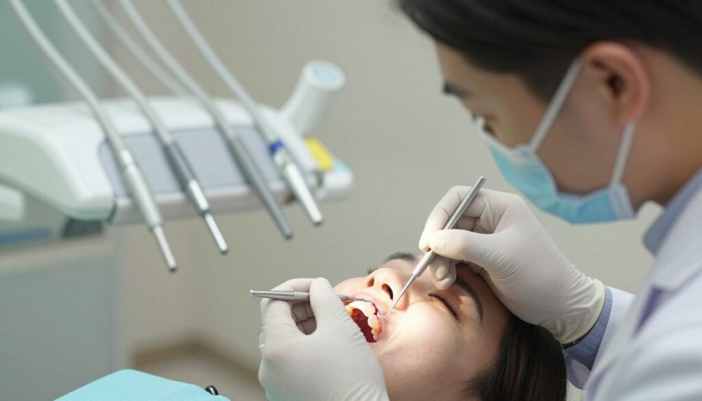 A close-up view of a dental clinic setting, featuring an open patient mouth with a clearly visible chipped tooth. In the foreground, a dentist, dressed in professional business attire, is holding dental tools, examining the damaged tooth with focused attention. The middle of the image showcases the chipped tooth, highlighting the effects of damage and potential restoration methods. In the background, dental equipment and a soft color palette create a calming atmosphere. The lighting is bright, emulating a clinical environment, with subtle shadows to add depth. The overall mood is professional and informative, aimed at conveying the process and costs associated with repairing a chipped tooth while maintaining a safe and respectful tone.