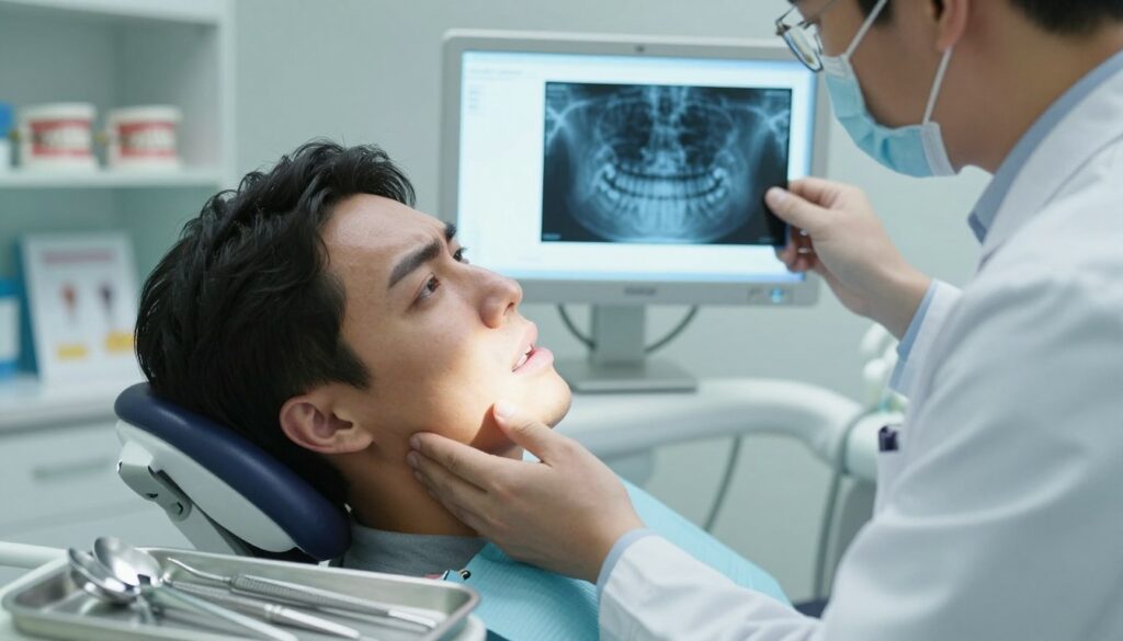A close-up view of a dental examination room, featuring a patient in a dentist's chair, looking concerned as they touch their jaw to indicate discomfort. The dentist, dressed in a professional white coat, examines an X-ray displayed on a bright, illuminated screen. In the foreground, dental tools are neatly arranged on a tray, while the background features shelves with dental models and brochures about root canal treatment. Soft, diffused lighting casts a calm atmosphere, emphasizing the seriousness of dental health. The angle should be slightly tilted downwards to highlight the interaction between the patient and the dentist, creating an intimate yet clinical mood.