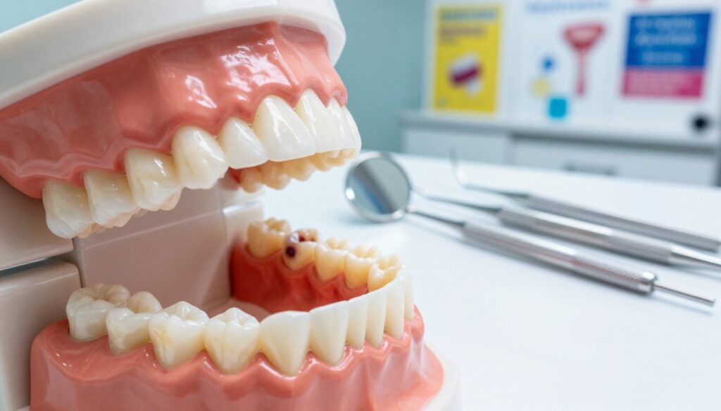 A close-up view of a dental examination setup, showcasing a detailed study of the most common oral diseases affecting teeth. In the foreground, a human jaw model with several realistic teeth marked with signs of decay, cavities, and gums showing inflammation. The middle layer features dental tools like mirrors and probes, arranged neatly on a bright, sterile table. The background captures a modern dental clinic with vibrant lighting and posters about oral health, enhancing the educational atmosphere. The overall mood is clinical and informative, emphasizing the importance of dental health and disease prevention. Use a macro lens perspective to create a vivid focus on the teeth and dental instruments, ensuring no text or watermarks are present. A close-up view of a dental examination setup, showcasing a detailed study of the most common oral diseases affecting teeth. In the foreground, a human jaw model with several realistic teeth marked with signs of decay, cavities, and gums showing inflammation. The middle layer features dental tools like mirrors and probes, arranged neatly on a bright, sterile table. The background captures a modern dental clinic with vibrant lighting and posters about oral health, enhancing the educational atmosphere. The overall mood is clinical and informative, emphasizing the importance of dental health and disease prevention. Use a macro lens perspective to create a vivid focus on the teeth and dental instruments, ensuring no text or watermarks are present.