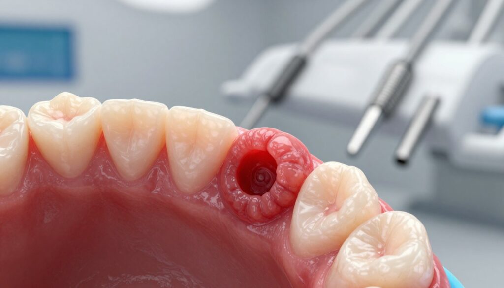A close-up view of a dental gum infection, specifically focusing on a purulent abscess on swollen gum tissue. The foreground features a detailed depiction of the inflamed gum, showing the vivid redness and swelling indicative of infection, with a small, painful-looking pus-filled pocket visibly located at the gum line. The middle layer introduces a blurred background of a dental office setting with professional dental tools neatly arranged, suggesting an environment focused on oral health. Natural, soft lighting highlights the textures of the gum tissue, creating a clinical yet serious atmosphere, emphasizing the urgency of dental care. The angle is slightly tilted to draw attention to the affected area while maintaining a sterile and professional look.