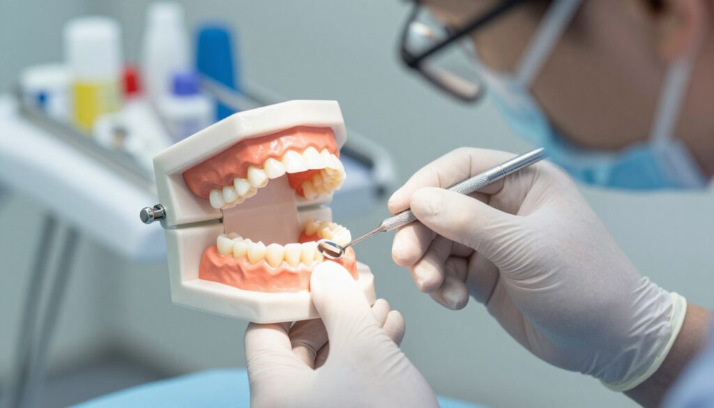 A close-up view of a dental procedure for tooth restoration after root canal treatment. In the foreground, a dentist in professional attire is skillfully placing a dental inlay onto a previously treated tooth. The tooth is surrounded by dental tools like an explorer and a dental mirror, showcasing a clean, well-lit dental clinic environment. The middle ground features a detailed dental model illustrating the difference between fillings, inlays, onlays, and crowns. The background is softly blurred, hinting at dental equipment and shelves stocked with dental materials. The lighting is bright and clinical, enhancing the mood of professionalism and care in dentistry. The overall atmosphere conveys a sense of precision and trust in the dental restoration process.