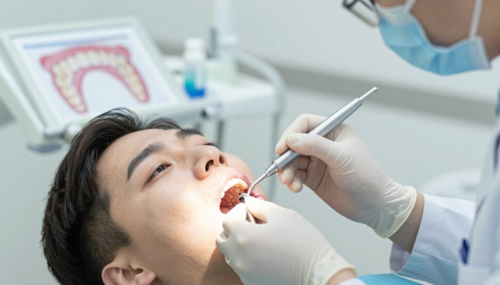 A close-up view of a dental professional in a clean, sterile environment, examining a patient's gums with a focus on non-surgical gum treatment methods. The dentist, dressed in professional attire, is using a dental instrument to demonstrate a gentle procedure on the patient's lower gum line. Soft, natural lighting highlights the clinical details, accentuating the healthy appearance of the surrounding gum tissue. In the background, blurred dental equipment and charts related to gum health subtly suggest the context of regenerative dentistry. The mood is calm and reassuring, promoting a sense of trust and confidence in non-invasive treatment approaches for mild gum recession and inflammation.