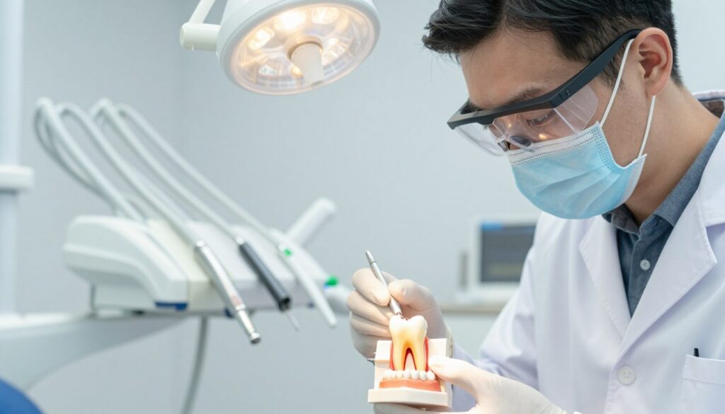A close-up view of a dental treatment scene focusing on root canal therapy for a dead tooth. In the foreground, a professional dentist in a white coat and protective goggles carefully examines a model of a tooth, with dental tools arranged neatly beside them. In the middle, the tooth model displays the intricate details of root canals, showcasing the darkened area of decay. The background features a well-equipped dental clinic with bright, sterile lighting and modern dental equipment. The atmosphere is calm and clinical, emphasizing the precision and care involved in dental procedures. The image should be taken from a slightly elevated angle to highlight the dentist's focused expression and the intricacies of dental treatment, creating an informative and professional ambiance. A close-up view of a dental treatment scene focusing on root canal therapy for a dead tooth. In the foreground, a professional dentist in a white coat and protective goggles carefully examines a model of a tooth, with dental tools arranged neatly beside them. In the middle, the tooth model displays the intricate details of root canals, showcasing the darkened area of decay. The background features a well-equipped dental clinic with bright, sterile lighting and modern dental equipment. The atmosphere is calm and clinical, emphasizing the precision and care involved in dental procedures. The image should be taken from a slightly elevated angle to highlight the dentist's focused expression and the intricacies of dental treatment, creating an informative and professional ambiance.
