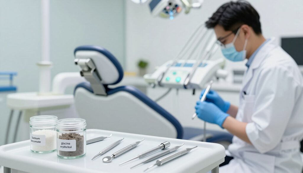 A close-up view of a dentist's workspace, featuring dental sandblasting equipment and materials. In the foreground, a small glass container with fine powders labeled 'sodium bicarbonate', 'glycine', and 'erythritol' rests neatly beside an array of dental tools. The middle ground reveals a high-tech dental chair and a professional dentist dressed in a white coat and mask, focused on preparing for a dental sandblasting procedure. The background showcases bright, clean dental office decor with soft lighting illuminating the workspace. The atmosphere conveys a sense of professionalism and care, emphasizing the importance of oral hygiene and advanced dental techniques. The composition should capture the clarity and precision associated with modern dentistry without any distractions or clutter.