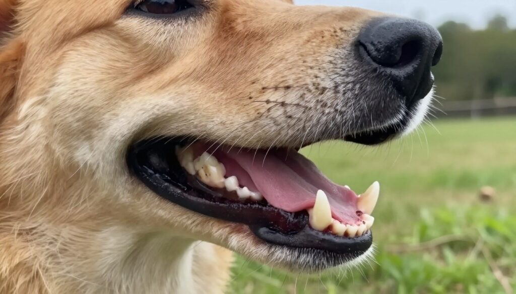 A close-up view of a dog's mouth open, showcasing its teeth vividly. The dog's incisors, canines, and molars should be clearly visible, reflecting their unique structure and arrangement. The background consists of a soft-focus natural setting, suggesting a calm and inviting atmosphere, like a grassy field or a cozy home environment. Use bright, natural lighting to highlight the dog's dental features, emphasizing textures and colors. The angle should be slightly tilted, capturing both the depth of the dog's mouth and the playfulness of its expression. The overall mood should be informative yet friendly, perfect for an educational article. A close-up view of a dog's mouth open, showcasing its teeth vividly. The dog's incisors, canines, and molars should be clearly visible, reflecting their unique structure and arrangement. The background consists of a soft-focus natural setting, suggesting a calm and inviting atmosphere, like a grassy field or a cozy home environment. Use bright, natural lighting to highlight the dog's dental features, emphasizing textures and colors. The angle should be slightly tilted, capturing both the depth of the dog's mouth and the playfulness of its expression. The overall mood should be informative yet friendly, perfect for an educational article.