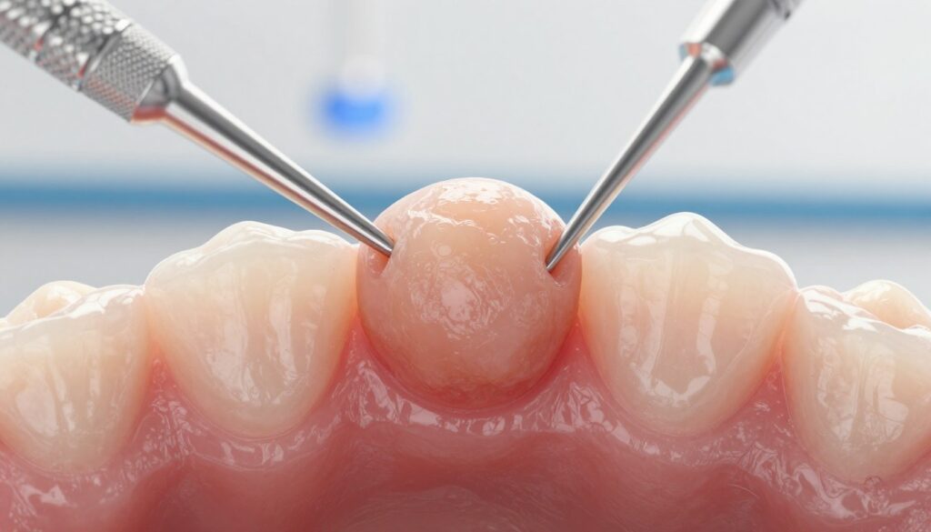 A close-up view of a gingival fibroma on a gum line, showing a smooth, firm, and slightly raised lesion with a pale color, nestled among healthy gum tissue. The foreground features the fibroma in sharp focus, highlighting its texture and detail, while the surrounding gums are rendered with a natural pink hue. In the background, a dental instrument and a sterile clinic setting softly blur to provide context without distraction. The lighting is bright and clinical, emulating an examination room with soft reflections on the instrument's surface. The entire scene conveys a sense of professionalism and clarity, emphasizing the fibroma's benign appearance and location on the gum.