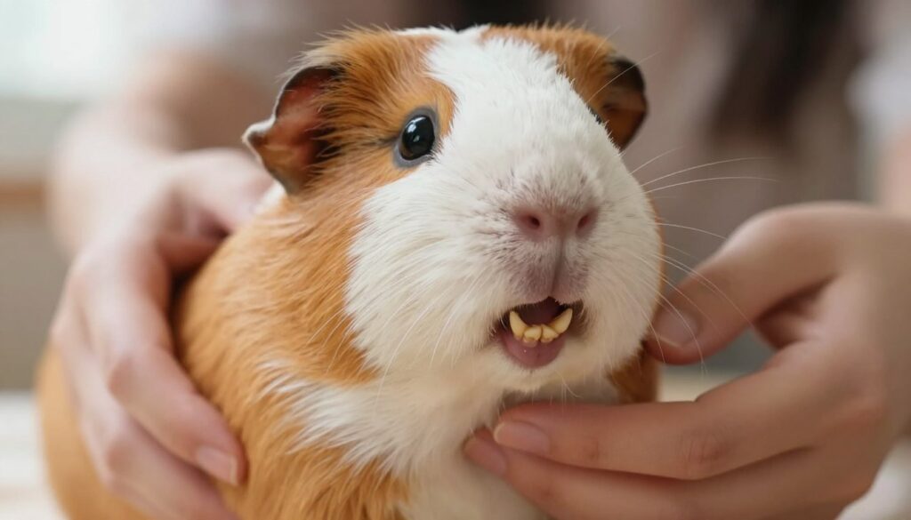 A close-up view of a guinea pig's mouth, showcasing its distinctive incisors. The foreground features the guinea pig with a focus on its bright, healthy teeth, which are slightly visible as it curiously opens its mouth. The middle ground includes a pair of gentle, caring human hands, one holding the guinea pig securely and the other providing a gentle inspection. The background is softly blurred to highlight the main subjects, with warm, natural lighting illuminating the scene, creating an inviting atmosphere. The overall mood is calm and friendly, emphasizing the importance of dental care in pets. The lens captures a slight depth of field to draw attention to the guinea pig's dental features without distractions. A close-up view of a guinea pig's mouth, showcasing its distinctive incisors. The foreground features the guinea pig with a focus on its bright, healthy teeth, which are slightly visible as it curiously opens its mouth. The middle ground includes a pair of gentle, caring human hands, one holding the guinea pig securely and the other providing a gentle inspection. The background is softly blurred to highlight the main subjects, with warm, natural lighting illuminating the scene, creating an inviting atmosphere. The overall mood is calm and friendly, emphasizing the importance of dental care in pets. The lens captures a slight depth of field to draw attention to the guinea pig's dental features without distractions.