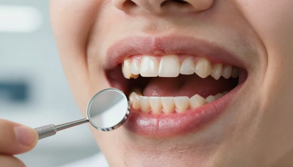 A close-up view of a healthy human mouth featuring pronounced gums with visible signs of inflammation, showcasing symptoms of gum disease. The foreground includes a detailed focus on the gum line, highlighting areas of redness and swelling, with a subtle glimmer of saliva to enhance realism. In the middle ground, depict dental tools used for examination, such as a mirror and explorer, to suggest a dental context. The background features soft, diffused lighting that evokes a clinical atmosphere, reminiscent of a dental office. The soft bokeh effect isolates the subject, ensuring clarity while creating an informative yet approachable mood. The overall color palette should be warm and natural, ensuring the image remains inviting and educational.