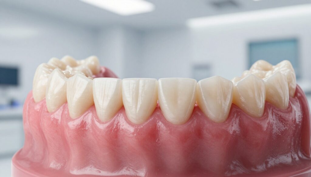 A close-up view of a healthy human mouth highlighting a fine layer of gum tissue surrounding the teeth. In the foreground, focus on the details of the gums, illustrating a mild redness that indicates potential inflammation. The middle layer includes a row of well-aligned teeth, showcasing a contrast between healthy enamel and the adjacent gum tissue. In the background, a softly blurred dental clinic setting creates an atmosphere of professionalism and care, with soft lighting that emphasizes cleanliness. The mood is serious yet reassuring, inviting viewers to reflect on oral health. The image is captured at eye level with a shallow depth of field to bring attention to the gums and teeth without distractions.