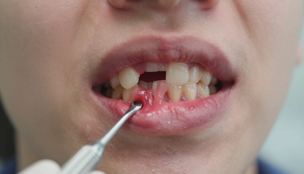 A close-up view of a human jaw, highlighting areas of pain and swelling, depicting the dental area post-extraction. In the foreground, focus on an inflamed gum with visible redness and swelling, suggesting discomfort. The middle layer shows a partially extracted tooth with an emphasis on the surrounding tissue, conveying a sense of urgency for care. The background features soft, diffused lighting to create a clinical atmosphere, with subtle hints of dental tools and a sterile environment that suggests a dentist's office. The overall mood is serious yet informative, providing an educational representation of dental-related inflammation. Use a macro lens effect to enhance detail and clarity.