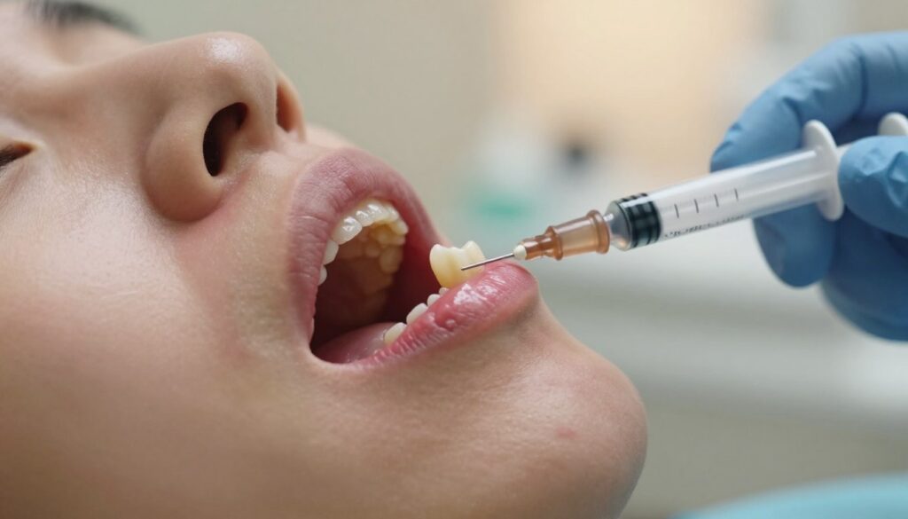 A close-up view of a human jaw showcasing a swollen gum area around the wisdom tooth, highlighted in a clinical setting. In the foreground, focus on the swollen gum tissue, displaying redness and inflammation, with a slight sheen to suggest moisture. In the middle ground, include a dental tool, such as a syringe with saltwater, positioned near the swollen area, symbolizing home remedies. In the background, a blurred dental office environment with soft, warm lighting creates a calming atmosphere. Capture the image with a macro lens for detailed textures and use natural light to enhance the realism, suggesting a sense of care and urgency to address the oral issue. The overall mood should be informative and soothing, promoting a sense of comfort and healing.