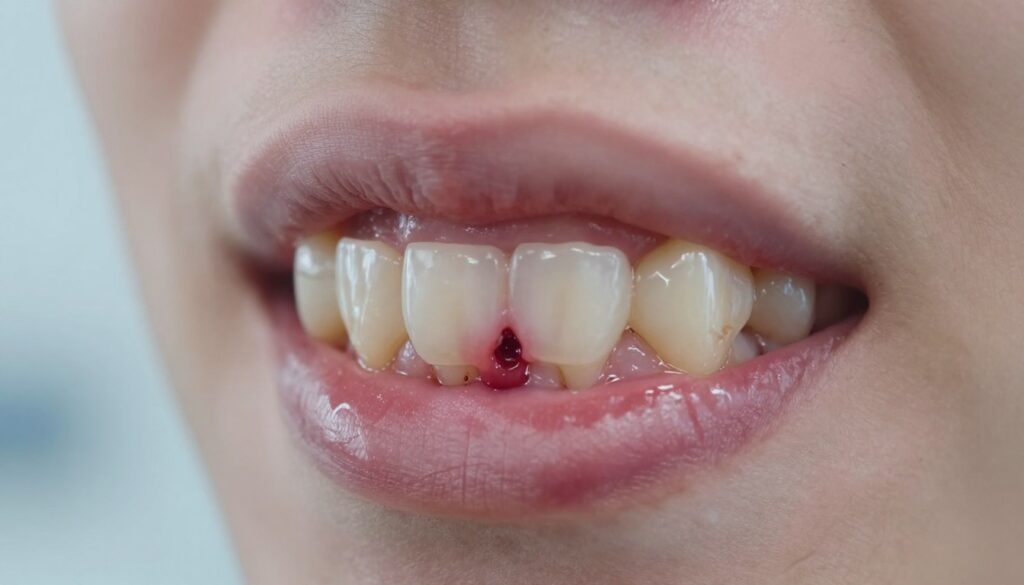 A close-up view of a human jaw showcasing a swollen gum around a wisdom tooth, specifically the lower right molar area. The gum is inflamed and red with a small visible area of pus to illustrate the infection. The scene is set in a clinical environment with soft, diffused lighting emanating from above, creating a sterile feel. Focus on the teeth and gums, with a slight tilt to capture the details effectively. Use a macro lens to enhance texture and clarity, revealing the contrast between healthy and affected tissue. The background should be softly blurred, emphasizing the clinical focus while maintaining a clean, professional atmosphere.