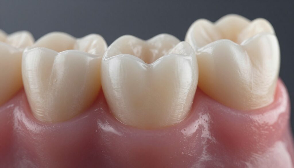 A close-up view of a human molar tooth that is partially embedded in gum tissue, showcasing the condition of an impacted tooth. The foreground features the tooth with fine details such as its surface texture and the surrounding inflamed gums. In the middle ground, subtle anatomical elements like adjacent teeth and healthy gum tissue are visible, providing a contrast to the impacted tooth. The background should be softly blurred to maintain focus on the dental issue. The lighting is soft and clinical, highlighting the dental structures, with a slight angle that suggests a dental examination setting. The overall mood is serious and informative, emphasizing the importance of dental health without any disturbing imagery.