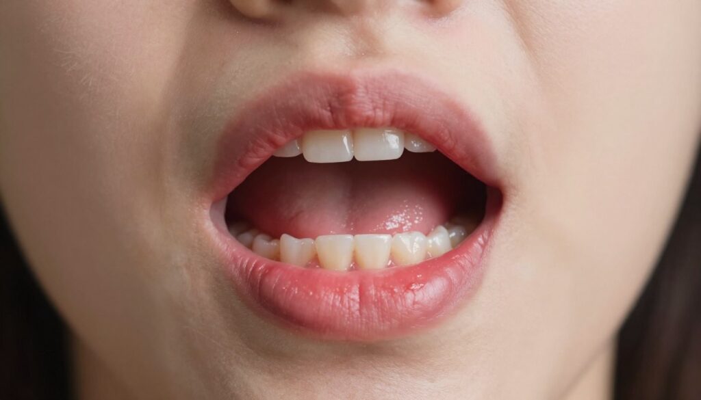 A close-up view of a human mouth open slightly, showcasing a specific tooth with a visible swollen gum around it, indicating pain. The tooth is highlighted, with a glossy sheen to depict moisture. Surrounding the tooth, the inflamed gum shows redness and slight puffiness, suggesting irritation or infection. The image should have a neutral background to focus on the dental issue, with soft, diffused lighting to enhance details without harsh shadows. An angle that captures the tooth from slightly below could be used, providing a clear and unsettling view of the dental problem. The overall mood conveys concern and the seriousness of dental health, making it suitable for educational purposes.