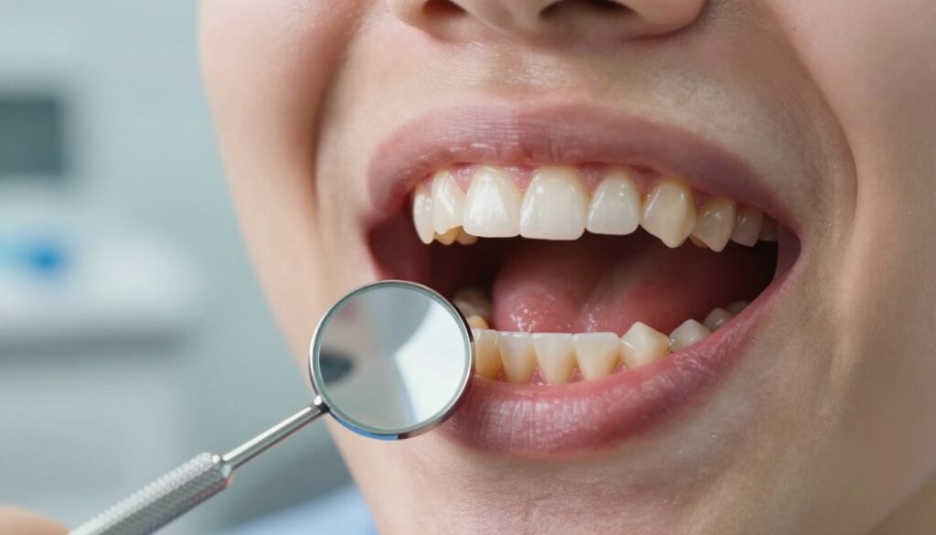 A close-up view of a human mouth showcasing a wisdom tooth (ósemka) with swollen gums surrounding it. The teeth should be clearly visible, highlighting the affected area with a soft focus on the swollen tissue. The foreground features a dental mirror reflecting the tooth's structure, while in the background, a softly blurred dental clinic setting adds context. The lighting is bright and clinical, with warm tones to create an informative atmosphere. The mood is serious yet professional, conveying the importance of dental health and the implications of swollen gums. Capture the image from a slight angle to emphasize the dental issue, ensuring all elements are depicted realistically without any text or overlays.